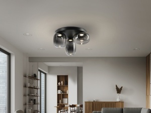 PLAFONIERA ONICE, 42 CM, NEGRU MAT/FUMURIU, DIN METAL SI STICLA, STIL MODERN