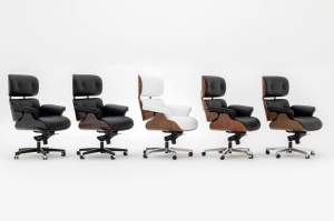 SCAUN DE BIROU LOUNGE, PIELE NATURALA ITALIANA SI LEMN DE NUC, CULOARE ALB/NUC, STIL EAMES - Img 2