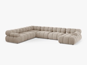 COLTAR MODULAR PANORAMIC BELLIS, PE STANGA, BEJ INCHIS, CU TAPITERIE DIN CATIFEA BLUVEL, MICADONI