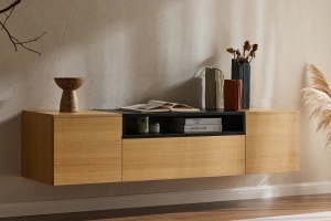 COMODA TV SUSPENDATA LOFT 160CM, REALIZATA DIN MDF SI FURNIR STEJAR, CULOARE NEGRU/NATUR, ARTIM GROUP SELECTION