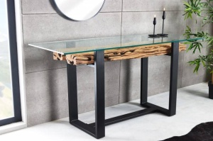 CONSOLA, BARRACUDA 150CM, LEMN MASIV DE TEC SI STICLA, NATUR/NEGRU, MODEL DEOSEBIT