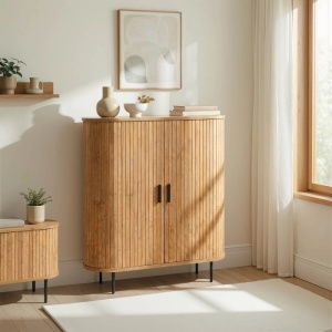 DULAP LIVING, ARTIM MEBLE, CU 2 USI GLISANTE, REALIZAT DIN MDF SI METAL, CULOARE STEJAR, STIL MODERN - Img 2