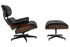 FOTOLIU CU TABURET LOUNGE , PIELE NATURALA ITALIANA SI LEMN DE FRASIN, CULOARE NEGRU/ABANOS, STIL EAMES