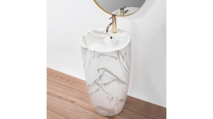 LAVOAR REA STATIV ANYA, LAVA MAT, 84 CM, EFECT DE MARMURA ALBA MATA, DIN CERAMICA, CALITATE SUPERIOARA - Img 5