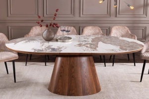 Masă de dining unică, extensibilă de la 160 la 200 cm, aspect lemn de nuc, blat ceramic cu aspect de piatră naturală