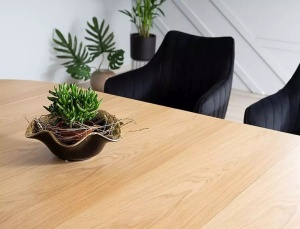 MASA DINING EXTENSIBILA DOMINGO, 100/250 CM, STEJAR/NEGRU, BLAT DIN FURNIR NATURAL SI PICIOARE DIN METAL, STIL MODERN - Img 3