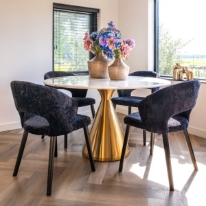 MASA DINING TENILLE, 130 CM, EFECT DE MARMURA ALBA/AURIU, DIN MARMURA ARTIFICIALA SI METAL, RICHMOND INTERIORS