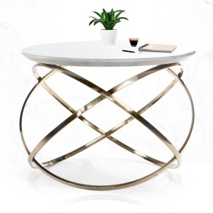 MASUTA DE CAFEA ORBIS, EFECT DE MARMURA ALBA/AURIU, 70 CM, BLAT DIN MARMURA SI PICIOARE DIN METAL, STIL MODERN