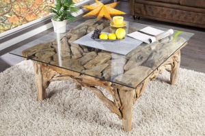 MASUTA DE CAFEA, RIVERSIDE, COD 21323, DIN LEMN DE TEC SI STICLA DESIGN RUSTIC
