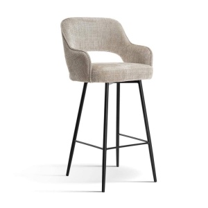 SCAUN DE BAR PIVOTANT MERCY, 70 CM, BEJ/NEGRU, TAPITERIE DIN STOFA SI PICIOARE DIN METAL, STIL MODERN