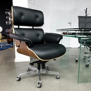 SCAUN DE BIROU LOUNGE, PIELE NATURALA ITALIANA SI LEMN DE NUC, CULOARE NEGRU/NUC, STIL EAMES - Img 2