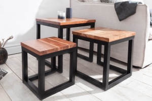 SET 3 MASUTE DE CAFEA, ELEMENTS, DIN LEMN SALCAM SI SUPORT METAL, COD 39576, ASPECT INDUSTRIAL