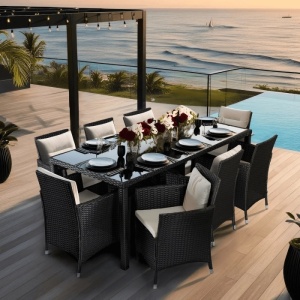 SET MOBILIER GRADINA, ARTIM MEBLE, MASA SI 8 SCAUNE, REALIZAT DIN POLIRATAN, CULOARE NEGRU/BEJ, STIL MODERN - Img 3