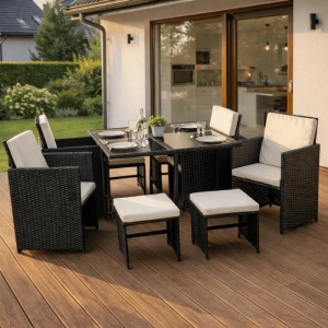 SET MOBILIER GRADINA, ARTIM MEBLE, REALIZAT DIN POLIRATAN SI TEXTIL, CULOARE NEGRU/CREM, STIL MODERN - Img 2