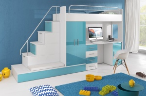 SISTEM MODULAR PENTRU CAMERA COPII ALB/TURCOAZ RAJ5 KM DESIGN MODERN - Img 1