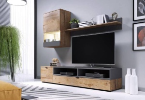 ANSAMBLU LIVING, CAMA-PAT-NEGRU MAT/STEJAR LEFKAS, 175CM, PLACI LAMINATE, DIVERSE NUANTE