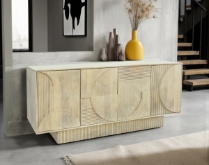BUFET LIVING, ART DECO 170CM, LEMN DE MANGO, MODEL 3D, CULOARE ALB/NATUR, ARTIM GROUP SELECTION