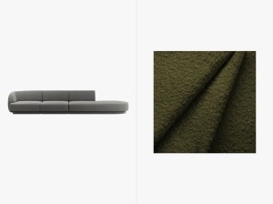 CANAPEA MILEY, CU 4 LOCURI, PE DREAPTA, VERDE MASLNIU INCHIS, CU TAPITERIE DIN TEXTIL BOUCLE BALOO, MICADONI