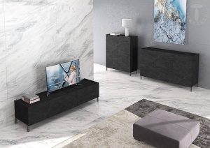 COMODA TV 160CM, EDDY BLACK, COD 4686, STIL MODERN, REALIZATA PANOURI LAMINATE, EFECT MARMURA NEAGRA