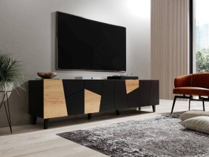 COMODA TV, CAMA-ETNA-RTV-CZ/CZ/DC 200CM, DIN PLACI LAMINATE SI MDF, NEGRU MAT/STEJAR, DESIGN MODERN - Img 2
