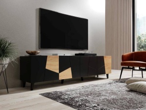 COMODA TV, CAMA-ETNA-RTV-CZ/CZ/DC 200CM, DIN PLACI LAMINATE SI MDF, NEGRU MAT/STEJAR, DESIGN MODERN - Img 5