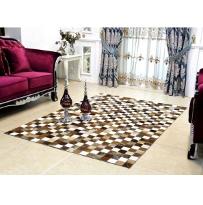 Covor de lux din piele, maro/negru/alb, patchwork, 200x304, PIELE DE VITĂ TIP 3, 0000188842