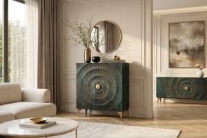 DULAP LIVING GOLDEN SUNSET 120CM, REALIZAT DIN LEMN DE MANGO, DE CULOARE TURCOAZ/MULTICOLOR, MODEL 3D, ARTIM GROUP