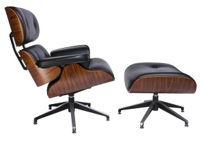FOTOLIU EXCLUSIVIST CU TABURET, LOUNGE, NEGRU, PIELE NATURALA SI LEMN DE TRANDAFIR, STIL EAMES