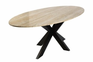 MASA DINING OVALA AVALON, 230 CM, CREM/NEGRU, BLAT DIN TRAVERTIN SI PICIOARE DIN METAL, STIL MODERN, RICHMOND INTERIORS
