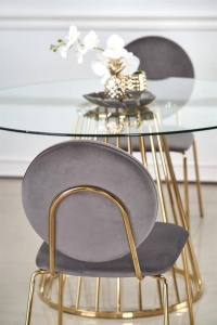 MASA DINING, TRANSPARENT/AURIU, 120 CM, BLAT DIN STICLA SI PICIOR DIN METAL, STIL MODERN - Img 7