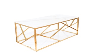 MASUTA DE CAFEA ESCADA A II, 120 CM, EFECT DE MARMURA ALBA/AURIU, BLAT DIN STICLA SECURIZATA SI CADRU DIN METAL, STIL MODERN - Img 1