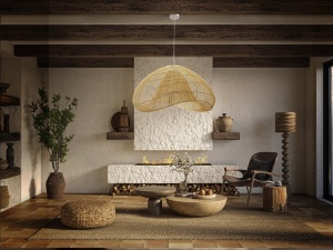 PENDUL SABAH, 100 CM, ALB/NATURAL, DIN METAL SI RATAN, STIL MODERN