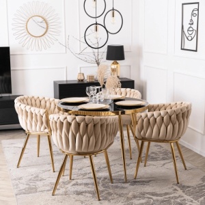 SCAUN DINING, ARTIM MEBLE, REALIZAT DIN METAL SI CATIFEA, CULOARE CREM/AURIE, STIL MODERN - Img 3