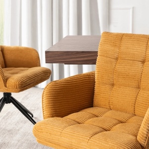 SET 4 SCAUNE ROTATIVE, ARTIM MEBLE, REALIZAT DIN MATERIAL CATIFEA RAIAT GALBEN MUSTAR SI METAL, STIL MODERN - Img 3