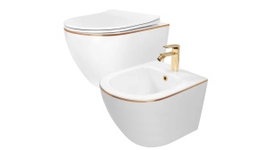SET VAS DE TOALETA CARLO FLAT MINI+BIDEU CARLO MINI EDGE SUSPENDATE, ALB/AURIU, DIN CERAMICA, CALITATE SUPERIOARA