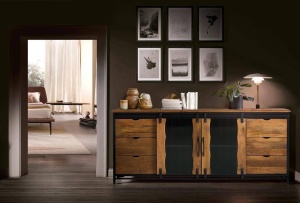 COMODA/BUFET 190CM, NEGRU/NATURAL, DIN LEMN DE MANGO SI METAL, CU DOUA USI SI 6 SERTARE