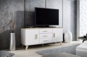 COMODA TV LIVING LOTTA 150-2D3S ALB/STEJAR SONOMA DESIGN SCANDINAV CM