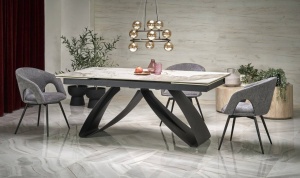MASA DINING EXTENSIBILA HILARIO, 180 CM, EFECT DE MARMURA ALBA/NEGRU, DIN MARMURA SI METAL, STIL MODERN