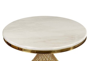 MASA DINING ROMANCE, EFECT DE MARMURA ALBA/AURIU, 130 CM, BLAT DIN CERAMICA SI PICIOR DIN METAL, STIL MODERN, ATR - Img 4