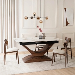 MASA EXTENSIBILA DOLCE, ARTIM MEBLE 160/200CM, BLAT DIN CERAMICA SI FURNIR, CULOARE MARMURA ALBA/NUC, STIL MODERN - Img 2