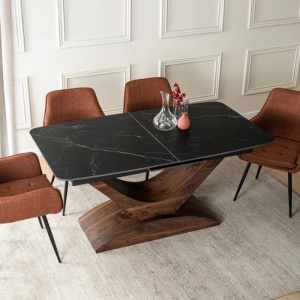 MASA EXTENSIBILA DOLCE, ARTIM MEBLE 160/200CM, BLAT DIN CERAMICA SI FURNIR, CULOARE MARMURA NEAGRA/NUC, STIL MODERN - Img 3