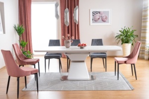 MASA EXTENSIBILA SATURN II, 160/210 CM, EFECT DE MARMURA ALBA/CROM, DIN CERAMICA, MDF SI METAL, STIL MODERN - Img 1
