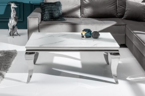 MASUTA DE CAFEA BAROCK 100CM, METAL ARGINTIU SI STICLA CARE IMITA MARMURA