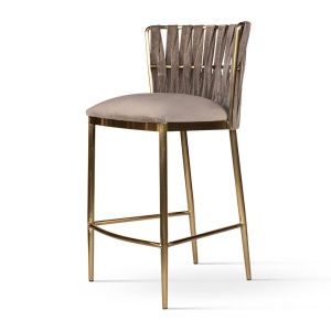 SCAUN DE BAR HORDIA, 60 CM, BEJ/AURIU PERIAT, TAPITERIE DIN CATIFEA SI PICIOARE DIN METAL, STIL MODERN