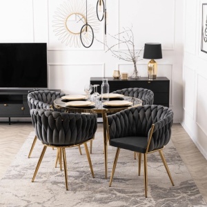 SCAUN DINING, ARTIM MEBLE, REALIZAT DIN METAL SI CATIFEA, CULOARE GRI/AURIE, STIL MODERN - Img 3