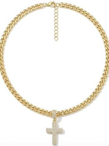 Colier Placat cu Aur 18K Pandantiv Cruce cu Cristale - Img 2