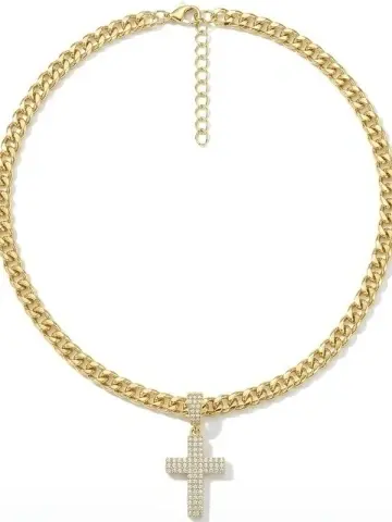 Colier Placat cu Aur 18K Pandantiv Cruce cu Cristale - Img 2