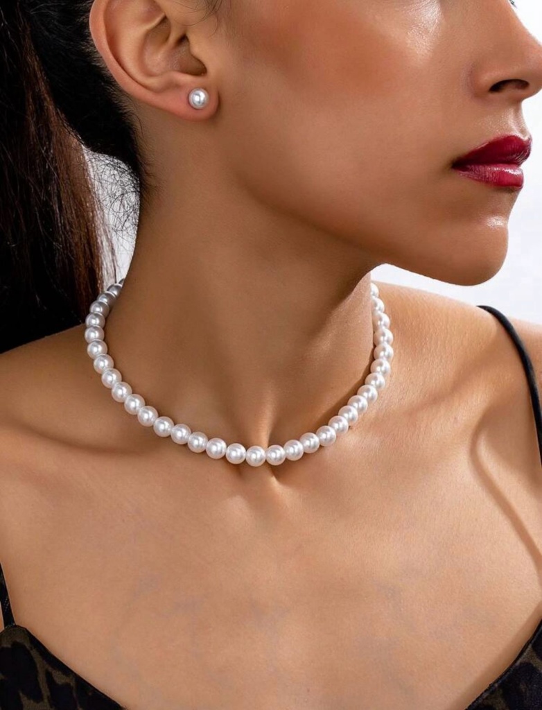 Set colier+cercei alb din perle artificiale - 1 | YEO