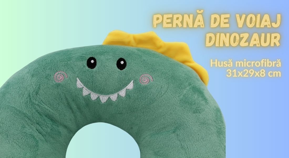 Pernă de călătorie, pentru copii, culoare verde, model dinozaur