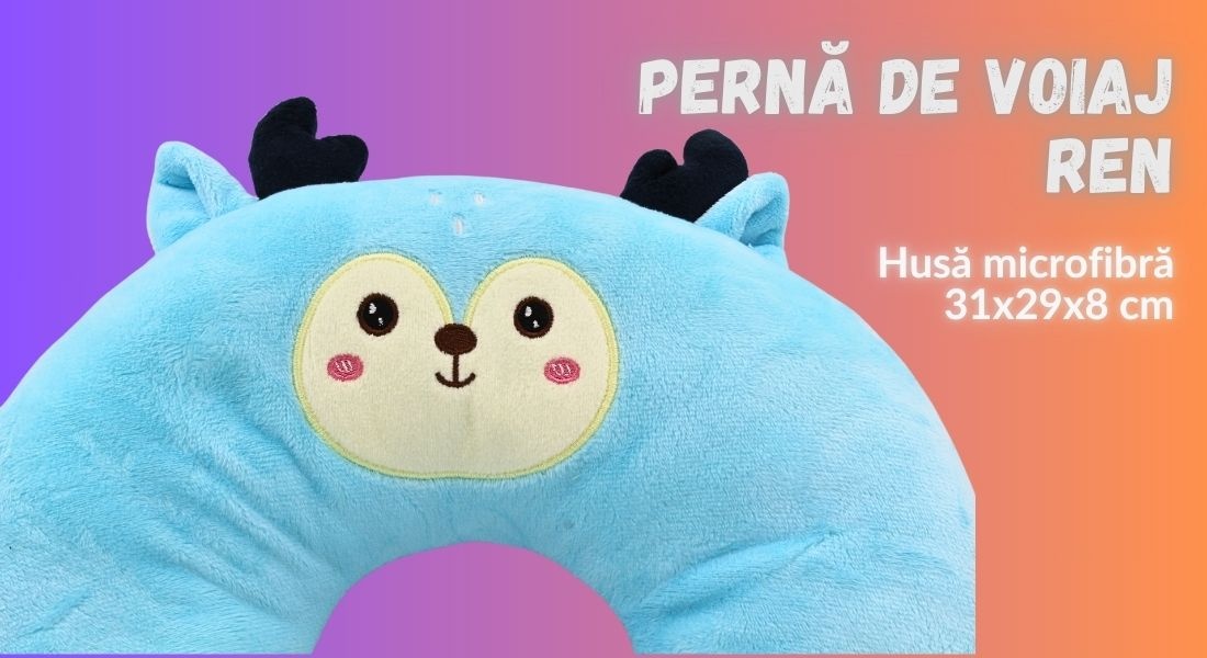 Pernă de călătorie, pentru copii, culoare gri, model ren